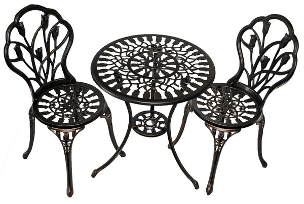 Shop4Omni Omni 3pc Cast Aluminum Bistro Set - Tulip Flower Pattern w Antique Copper Finish