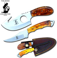 Bone Collector Hunting Knife Two Piece Set, 7" Straight Edge and 7" Gut Hook Blades Yellow Bone Full Tang Skinner