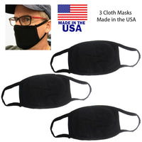 3 Pack Washable Cloth Face Dust Mouth Cover - Made in USA - Black