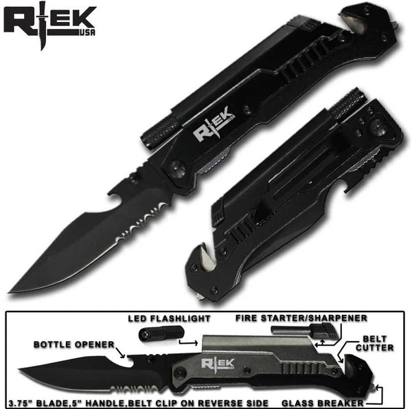 Rtek 9" Tactical Spring Assisted Survival 7 in 1 Rescue Pocket Knife - Black