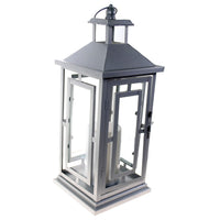 Shop4Omni 16 Inch Metal and Glass Tabletop Centerpiece Lantern with Flame-Less Candle - Silver