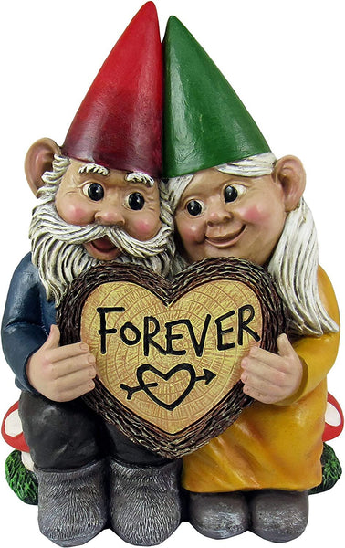 DWK - Gnome & Forever - Adorable Hand-Painted Gnome Couple in Love with Heart-Shaped Forever Wood Slice Indoor Outdoor Figurine Cute Romantic Home Garden Patio Lawn Accent, 6.5-inch
