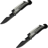 Pair of Rtek 9" Inch Spring Assisted Survival 7 in 1 Rescue Pocket Knife - Grey