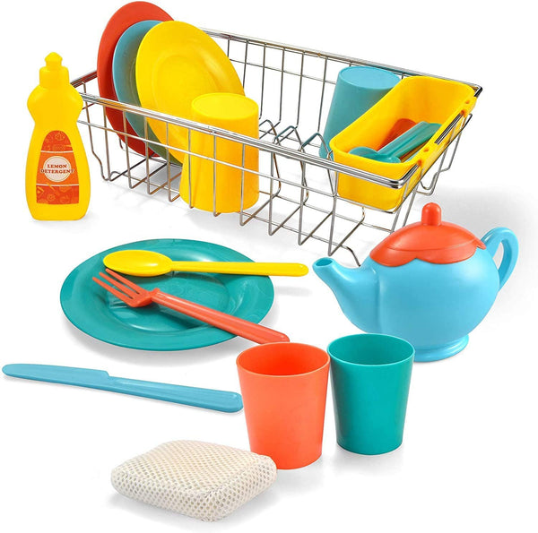 JOYIN Kids Kitchen Pretend Play Dish Wash and Dry Children's Play Dishes Pans and Pots Playset (25 pcs with Drainer)