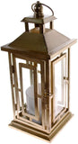 Shop4Omni 12 Inch Metal and Glass Tabletop Centerpiece Lantern with Flame-Less Candle