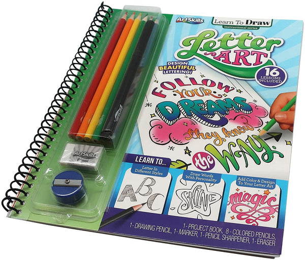 Art Supplies for Kids - Learn to Draw; Letter Art, for Boys & Girls, Teens & Adults, Kit Includes Project Book, Color Pencil Set, Eraser, Sharpener, Drawing Pencil, Marker