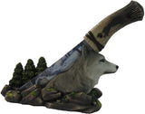 DWK - Wolf Spirit Blade - Rustic Wolf Snowy Mountain Forest Scene Stainless Steel Display Knife with Decorative Figurine Holder Wildlife Nocturnal Cabin Lodge Home Décor Accent, 11-inch