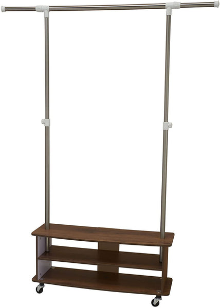 Household Essentials Rolling Garmant Rack with Storage Shelves, Walnut