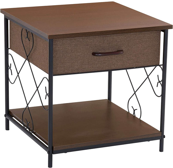 Household Essentials Walnut and Black 8047-1 End Table with Drawer Metal, 20" L x 20" W x 20" H