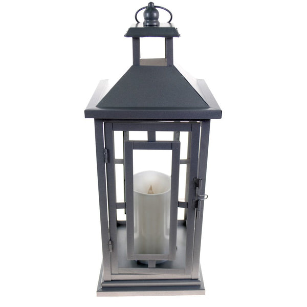 Shop4Omni 16 Inch Metal and Glass Tabletop Centerpiece Lantern with Flame-Less Candle - Silver