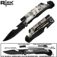 9" Tactical Spring Assisted Black Blue Gold Gray Green Red Survival 7 in 1 Rescue Pocket Knife LED Light Fire Starter Blade Sharpener Bottle Opener Glass Breaker Belt Cutter (Camo)
